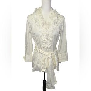 Lafayette 148 New York Ivory Ruffle Front Button Belted Blouse Top women’s sz 8